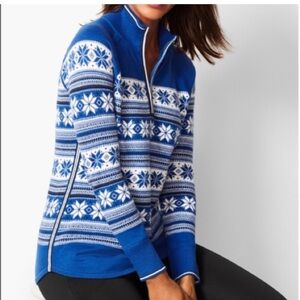 Talbots Petite Quarter Zip Ski Sweater Blue And White Snowflake Pattern